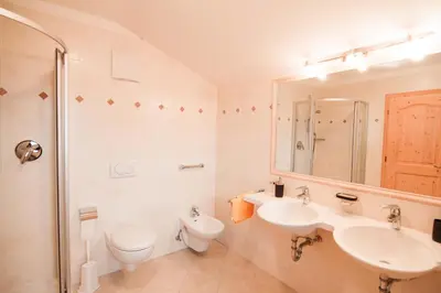a bathroom with a sink and a toilet and a mirror at Berggasthof Messnerhof in Barbiano