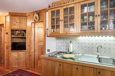 a kitchen with wooden cabinets and a sink at Cozy basement flat just few steps from centre in Cortina dʼAmpezzo