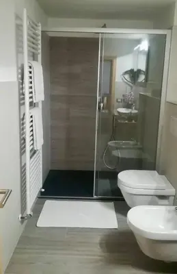 a bathroom with a shower and a toilet and a sink at B&B Ciesa la Vèrda in Rocca Pietore