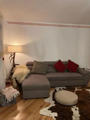 a living room with a gray couch and red pillows at Ciasa Cermis in Cavalese