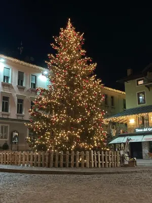 a christmas tree in front of a building with lights at Ciasa Cermis in Cavalese