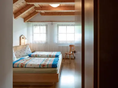a bedroom with a bed and two windows at Branterhof in Rasun di Sopra
