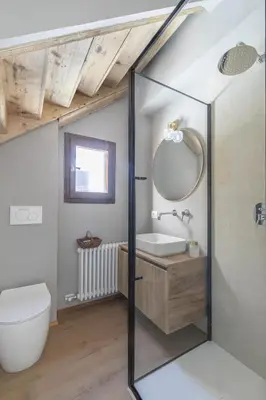a bathroom with a toilet and a mirror at Ciasa Remo 2 by WelcHome in San Vito di Cadore