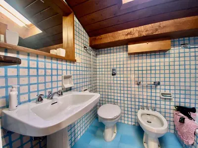 a bathroom with a sink and a toilet at Cozy 3 bedroom with beautiful views in Cortina dʼAmpezzo