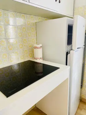 a kitchen with a white refrigerator and a microwave at Zirmo mountain home in Carano