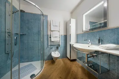 a bathroom with a shower and a sink and a toilet at Chalet Chiave - Prenotazioni Dirette Dolomiti Skyline in Cortina dʼAmpezzo