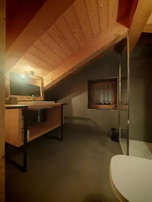 a bathroom with a sink and a toilet in a room at Selva loft in Selva di Cadore