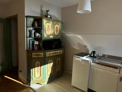 a small kitchen with a stove and a shelf at Passo Carezza Club Apartment in Carezza al Lago