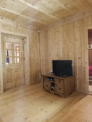 a living room with wooden walls and a television on a table at Majon jal Toni in Vigo di Fassa
