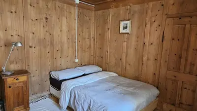 a bedroom with a bed in a wooden wall at Majon jal Toni in Vigo di Fassa