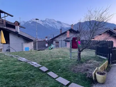 a yard with a tree and a house and mountains at Appartamento Agordo in un borgo antico in Agordo