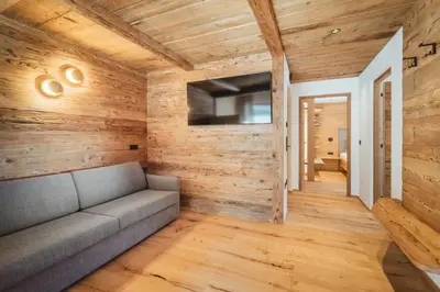a living room with a couch and wooden walls at Kuenzerhof Apartments in Braies