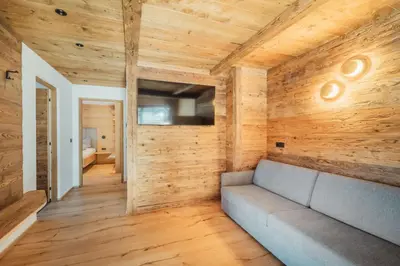 a living room with wooden walls and a couch at Kuenzerhof Apartments in Braies