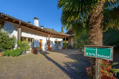 a bedroom with a large bed and a desk at Vogelmaierhof am Kalterer See in Caldaro
