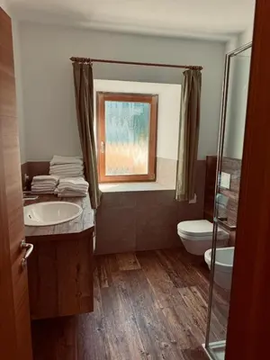a bathroom with a toilet and a sink and a shower at Wohnung in Olang, perfekte Unterkunft für Olympia in Valdaora di Sotto