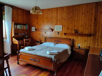 a bedroom with a bed with wooden walls and a piano at La Casa di Anna in Agordo