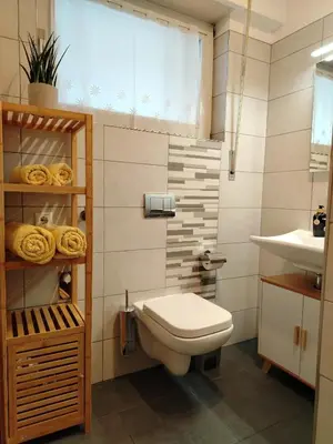 a bathroom with a toilet and a sink at Bergblick 33 in Plaus