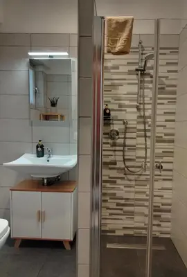 a bathroom with a shower and a sink at Bergblick 33 in Plaus