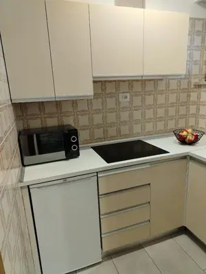 a kitchen with white cabinets and a microwave at Bergblick 33 in Plaus