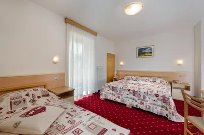two beds in a hotel room with red carpet at Garni Ciamorc in Canazei
