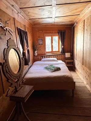 a bedroom with a bed in a wooden cabin at Vicinanza d'Andraz in Andraz