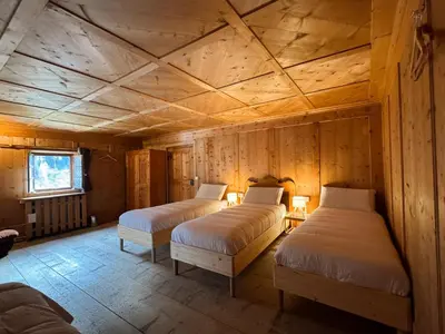 two beds in a room with a wooden ceiling at Vicinanza d'Andraz in Andraz