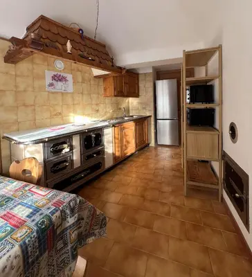 a kitchen with a stainless steel stove and a refrigerator at Vicinanza d'Andraz in Andraz