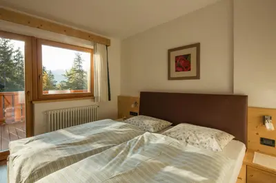 a bedroom with a bed and a window at Appartamenti Ciasa Murin in San Cassiano