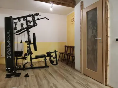 a room with a gym with a treadmill at Garnì Defrancesco in Campitello di Fassa