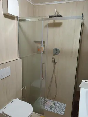 a shower in a small bathroom with a toilet at Trampolini House in Predazzo