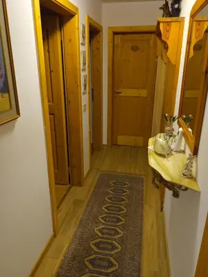 a hallway with a rug on a wooden floor at Trampolini House in Predazzo