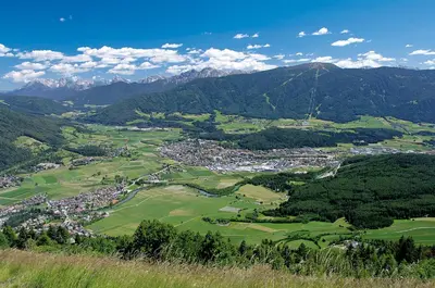 an aerial view of a town in the mountains at Berghaus-Olymp Kronplatz in Brunico