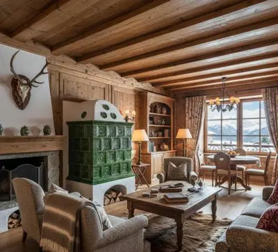 a living room filled with furniture and a fireplace at Dolomiti Magic in Cortina dʼAmpezzo