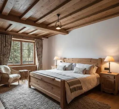 a bedroom with a large wooden bed and a chair at Dolomiti Magic in Cortina dʼAmpezzo