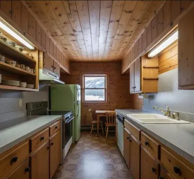 a kitchen with a green refrigerator and a table at Dolomiti Magic in Cortina dʼAmpezzo