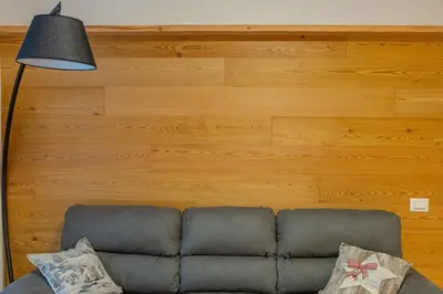 a shower in a room with wooden walls at DE Earth - Appartamento con Sauna in Caprile