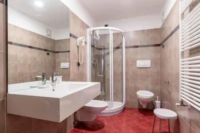 a bathroom with a sink and a shower and a toilet at Cesa Primula in Canazei