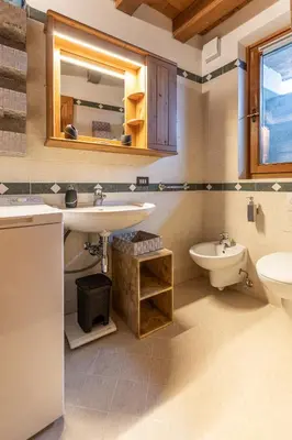 a bathroom with a sink and a toilet at Casa Noce, tranquilla e immersa nella natura in Cortina dʼAmpezzo
