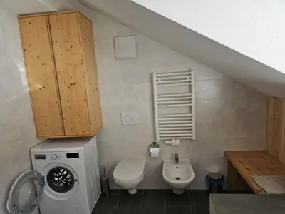a small bathroom with a toilet and a sink at Urlaub auf den Bauernhof Brunnerhof in San Lorenzo di Sebato