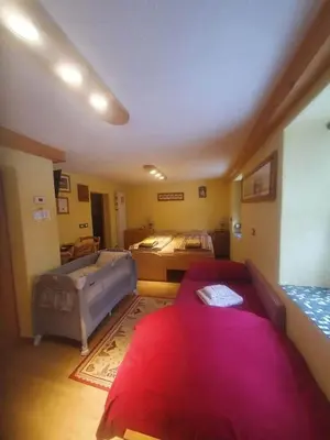 a living room with two beds and a couch at Ciesa del Selmo Faure in Sottoguda