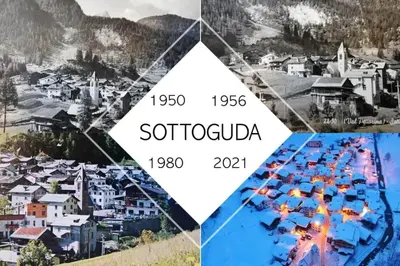 a collage of pictures of a town with mountains at Ciesa del Selmo Faure in Sottoguda