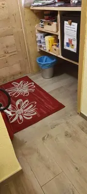 a room with a red rug on the floor at Ciesa del Selmo Faure in Sottoguda
