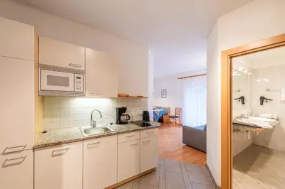 a kitchen with a sink and a microwave at Angerhof in Caldaro