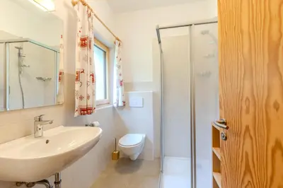 a bathroom with a sink and a toilet and a shower at Zischgalm in Obereggen