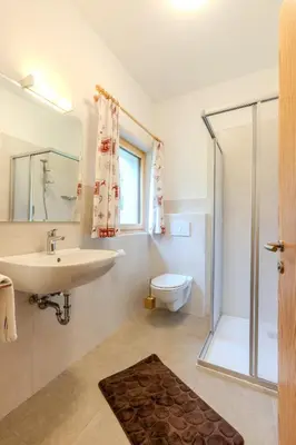 a bathroom with a sink and a toilet and a shower at Zischgalm in Obereggen