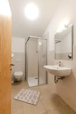 a bathroom with a shower and a sink and a toilet at Zischgalm in Obereggen