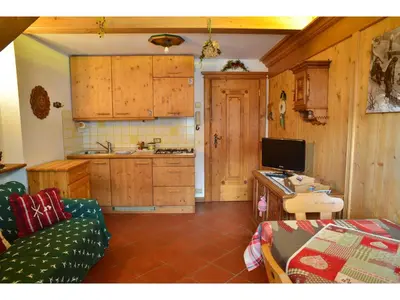 a kitchen with wooden cabinets and a couch in a room at Cristallo & Faloria Suite Apartments in Cortina dʼAmpezzo