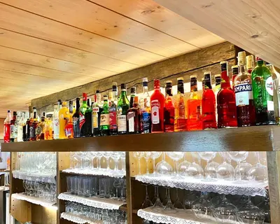 a shelf filled with lots of bottles and glasses at Hotel Friedemann in Rasùn di Sotto