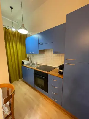 a kitchen with blue cabinets and a green curtain at Appartamenti Duomos in Merano