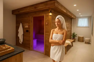 a woman standing in a bathroom with a sauna at B&B Obermair in Brunico